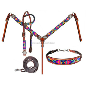 Calidad superior 100% cuero genuino con cuentas una oreja Western Headstall & Breast Collar conjunto completo con 4 piezas proveedor fabricante - Product Image 3