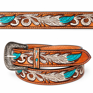 Wholesale Western Tooled Leather <b>Belt</b> Cowboy Floral Embossed Tan <b>Brown</b> Turquoise Silver Buckle Fashion <b>Belt</b> Supplier Mens <b>Womens</b> - Product Image 5