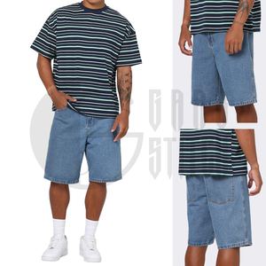 Conjunto de Camiseta y Pantalones Cortos de Mezclilla para Hombre, Camiseta a Rayas Informal, Estilo Holgado, Atuendo de Verano, Ropa Urbana, Top de Algodón, Pantalones Cortos de Mezclilla, Dos Piezas - Product Image 1