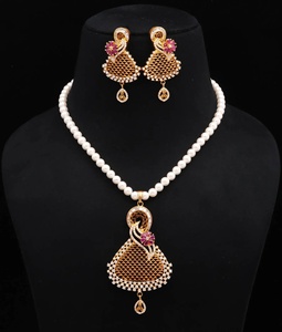 Swan Pendant Pearl <b>Necklace</b> Set 22K Gold Plated <b>Ruby</b> Pink CZ Vintage Bridal Indian Wedding Statement <b>Necklace</b> for Women & Unisex - Product Image 3
