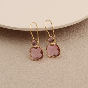 Pink Quartz Faceted Cut 18K Gold Plated Drop Earrings Geometric <b>Statement</b> Jewelry For Women - Product Image 1