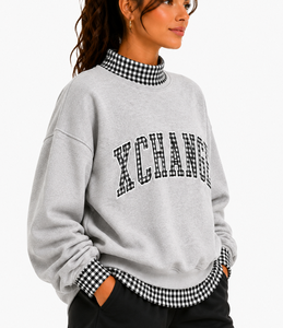 Sweat-shirt oversize à col rond pour femme XCHANGE, gris, en coton mélangé tricoté, imprimé lettres, pull décontracté, style automne - Product Image 3