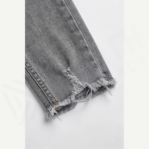 Jean en denim gris déchiré et délavé pour homme, coupe slim taille haute, style décontracté automne, pantalon droit en coton - Product Image 6