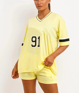 Ensemble de shorts sportifs 2 pièces pour femmes, col en V, manches courtes, coupe ample, imprimé numéro 91, respirant, vêtements de printemps et d'été - Product Image 5