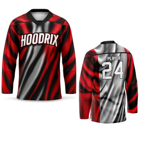 Camisetas de hockey sobre hielo personalizadas OEM con impresión por sublimación, tela de malla elástica y transpirable, diseño de apliques de sarga y detalles para el juego. - Product Image 2