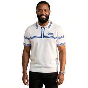 เสื้อโปโลถักสีขาวสำหรับผู้ชาย Phi Beta Sigma พร้อมลายเส้นสีน้ำเงินเข้ม ปักตัวอักษรกรีก แขนสั้น คอปก ซิปยาวครึ่งตัว - Product Image 1