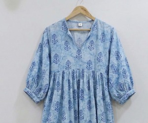 Vestido Midi Formal de Oficina para Mujer, Hecho a Mano, con Estampado Floral, Cuello en V, Mangas Abullonadas, Corte en A, 100% Algodón, Natural y Transpirable - Product Image 1