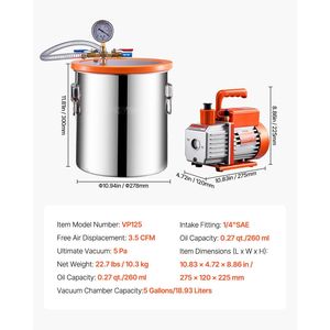 Kit de Cámara de Vacío de Acero Inoxidable de 5 Galones con Bomba de 3.5 CFM de Una Etapa, Bomba de Vacío para Desgasificación ACR, Recipientes a Presión - Product Image 1