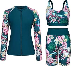 Custom Sublimation Women's 3 Piece Rash Guard <b>Swimsuit</b> <b>Long</b> <b>Sleeve</b> UPF 50 UV Protection Swimwear Set with Sports Bra Shorts - Product Image 1