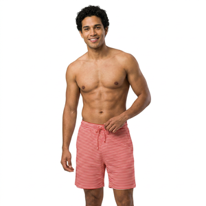 <b>Men's</b> Red <b>White</b> Striped Board Shorts Mid Waist Drawstring Quick Dry Casual Bermuda Swim Trunks - Product Image 3