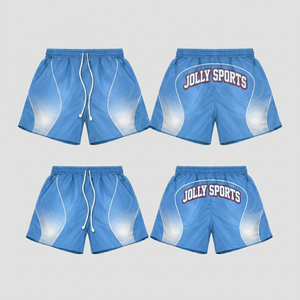 Shorts coupe-vent pour homme en polyester 120 GSM, bleu ciel et blanc, avec empiècements incurvés, impression par sublimation, logo personnalisé. - Product Image 1
