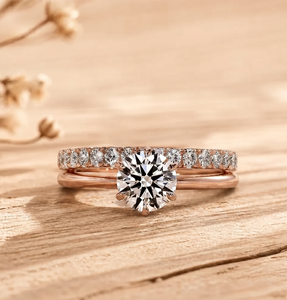 Half Eternity IGI Certified 10K 14K 18K Solid Gold Round Lab Grown Diamond Prong Solitaire Ring Double Band <b>Wedding</b> Bridal Band - Product Image 3