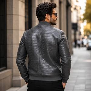 Luxury Textured Finished Embossed Leather Bomber <b>Jacket</b> Plaid Pattern Breathable <b>Summer</b> Casual Outerwear for <b>Men</b> Button Closure - Product Image 6