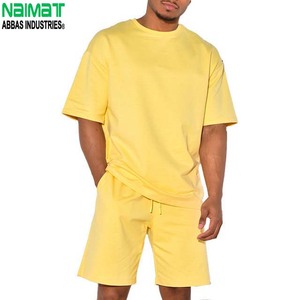 Men's Yellow Cotton T-Shirt <b>Set</b> Crew Neck Solid Color Casual Summer Breathable <b>Knitted</b> Short Sleeve Outfit - Product Image 1