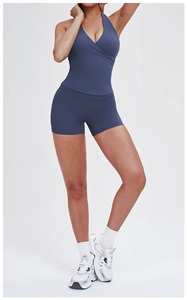 Custom Wholesale High Waist Yoga <b>Shorts</b> & Reversible <b>Sports</b> Bra Set Ribbed Fabric <b>with</b> Custom Thin Straps - Product Image 4