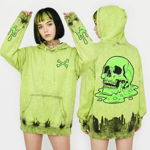 Manufacturer 350GSM Lime Green <b>Acid</b> Wash Women Hoodie Neon Slime Skull Print Egirl Style <b>Dropped</b> Shoulder Oversized Sweatshirt - Product Image 1