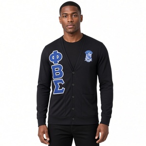 Phi Beta Sigma Black V Neck <b>Cardigan</b> Sweater with Blue Greek Letter Patches Embroidered Crest Button Front Pockets Long Sleeve - Product Image 1