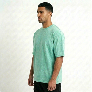 T-shirt en jersey de coton à manches courtes et col rond pour homme, coupe ample, couleur vert menthe unie, longueur normale, style décontracté - Product Image 3