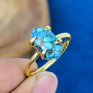 Natura Blue Copper Turquoise Hexagon Shape Gemstone 18k Gold Micron Over 925 Sterling <b>Silver</b> - Product Image 2