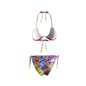 Conjunto de Bikini Estampado Colorido para Mujer, Top Triangular con Cuello Halter, Braguita con Lazos Laterales, Elástico, Spandex, Poliéster, Ecológico, Dos Piezas - Product Image 1