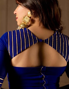 Sari bleu en cuivre KV avec blouse et jupon cousus - Product Image 6