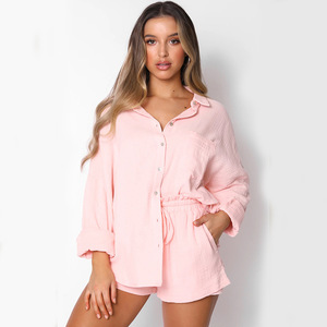 Women's 2 Piece Black Oxford Shirt Shorts <b>Set</b> Long Sleeve Turn Down Collar Loose Fit Casual Spring Summer Solid Color - Product Image 3