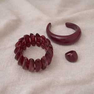 Handmade Burgundy Wine Resin Bangle Jewelry Set Resin Craft Chunky Elastic <b>Stretch</b> <b>Bracelet</b> Open Cuff Ring Women Wholesale - Product Image 4