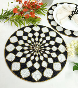 Black and White Geometric Mandala Beaded Placemat Gold Border <b>Round</b> Table Decor Modern Boutique Wholesale Artistry By PR India - Product Image 4
