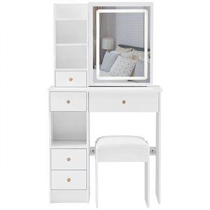Tavolo da Trucco da Scrivania Compatto con Cassetto Sinistro, Sgabello Imbottito, Specchio LED Scorrevole con Controllo Touch e Cambio Colore a Tre Tonalità - Product Image 5