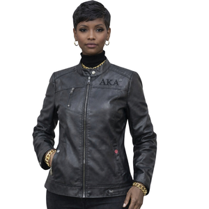 Black on Black <b>Leather</b> <b>Jacket</b> for <b>Women</b> Embroidered Sorority Style <b>Long</b> Sleeve Casual Biker Coat Fashion Outerwear for Event - Product Image 3