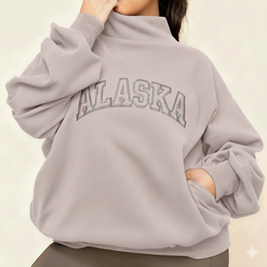 Sudadera de cuello alto marrón para mujer, manga larga, bordado con letras Alaska, tejido de algodón y fibra de bambú, cuello simulado - Product Image 3
