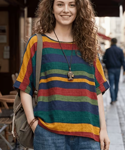 Plus Size Women's <b>Patchwork</b> Anti-Wrinkle O-Neck Pullover Short Sleeve 100% Cotton Casual Summer Knit Tee 380g Digital Printed - Product Image 1