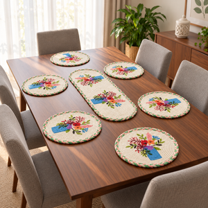 Ensemble de sets de table rectangulaires en jute écologique personnalisables, style campagnard, motif vase floral, bordure tressée, vente en gros - Product Image 6