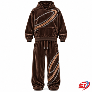 Ensemble de survêtement Premium Coffee Luxe Orbit 280 GSM en velours et velours côtelé avec strass et cristaux, comprenant un sweat à capuche et un pantalon ample, sweat à capuche Premium orné de strass - Product Image 1