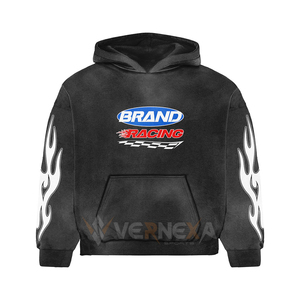 En gros, Meilleures ventes : Survêtement à capuche classique en coton noir, style sportif, avec impression sérigraphiée motif flamme, effet délavé à l'acide et effet soleil. - Product Image 5