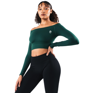 Top Corto Deportivo Elástico Verde sin Costuras para Mujer, con Hombros Descubiertos y Manga Larga, para Gimnasio, Yoga, Entrenamiento, Ejercicio, Ropa Deportiva - Product Image 4