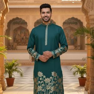 Royal Celebrity Silk Kurta <b>Pajama</b> <b>Set</b> with Gold Foil Embroidery Premium Ethnic Wear <b>for</b> Weddings, Festivals And Special Occasion - Product Image 5