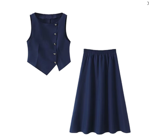 Conjunto Elegante de 2 Piezas para Mujer, Blazer sin Mangas con Detalle de Botones y Falda Línea A hasta la Rodilla, Color Azul Marino Sólido, Crepé, Primavera - Product Image 4