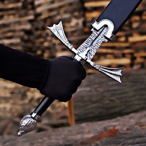 Handmade Damascus Steel Straight Blade With Black Handle And <b>Silver</b> Accents 32-Inch OEM Knife - Product Image 3