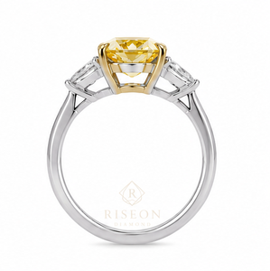 Luxurious three stone ring in 18K white gold with fancy yellow cushion diamond trillion side diamonds sleek minimal couture desi - Product Image 3
