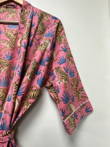 Indian Hand Printed Pink Women's <b>Kimono</b> Robe Sleepwear Casual <b>Beach</b> Wear Bathrobe Spring Summer 100% Cotton V-neck Drawstring - Product Image 4