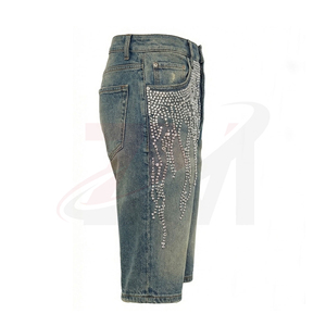 Pantalones Cortos de Mezclilla Desgastados para Hombre con Pedrería, Estilo Casual de Verano, Pierna Recta, Cintura Media, Algodón Tejido - Product Image 2