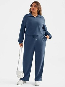 Custom Women's Navy Blue Knitted Tracksuit Set Full Sleeve Loose Fit Casual Wear Solid Color Two Piece Pants and <b>Top</b> Outfit OEM - Product Image 3