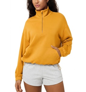 Breathable Terry Women Green Half <b>Zip</b> <b>Hooded</b> Sweatshirt Long Sleeve Solid Color Woven Streetwear Winter Wear Custom Logo Front - Product Image 2
