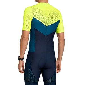Combinaison de cyclisme pour homme, jaune fluo et bleu, aérodynamique, séchage rapide, compression modérée, extensible dans les 4 sens, manches courtes, fermeture éclair intégrale - Product Image 5