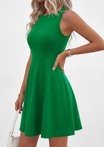 Elegante Vestido Mini Verde sin Mangas, Corte en A, Cuello Redondo, Ajustado, Tejido de Punto, Spandex/Poliéster, Transpirable, para Fiesta, Verano, Casual - Product Image 3