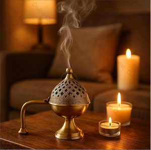 Antique brass dhoop incense <b>burner</b> bowl holder with curved <b>side</b> handle for pooja, available at wholesale prices. - Product Image 3