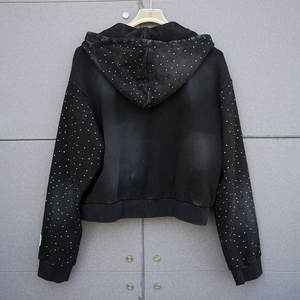 Sweat à capuche zippé pour homme, coupe ample, 500 GSM, épais, effet vieilli, délavé au soleil, délavé à l'acide, avec broderie et appliqué de patchs personnalisés, et strass - Product Image 2