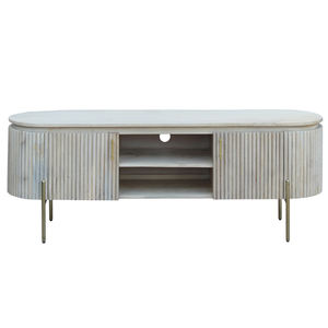 Modern Luxury Nordic <b>Oval</b> Solid Wood <b>TV</b> <b>Stand</b> Modern Japandi Entertainment Center with Fluted Tambour Doors and Brass Legs - Product Image 5