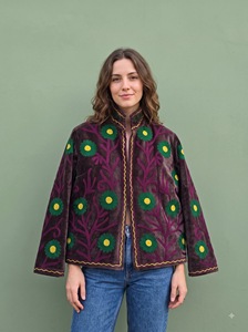 Velvet <b>Quilted</b> <b>Jacket</b> Suzani Embroidered Floral <b>Pattern</b> Full Sleeves Eco-Friendly Breathable Winter Women's Purple Green Yellow - Product Image 4
